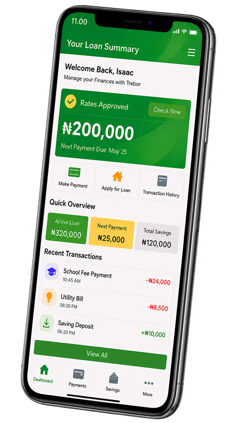Trebor mobile app showing Isaac's loan summary dashboard